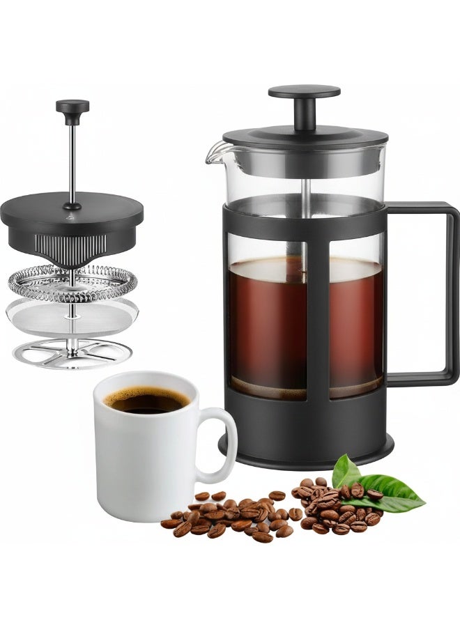 ماكينة تحضير القهوة والشاي الفرنسية سعة 350 مل - مصنوعة من زجاج البوروسيليكات المقاوم للحرارة مع فلتر ثلاثي من الفولاذ المقاوم للصدأ لتحضير قهوة سلسة وخالية من الرواسب، لون أسود - Image 1